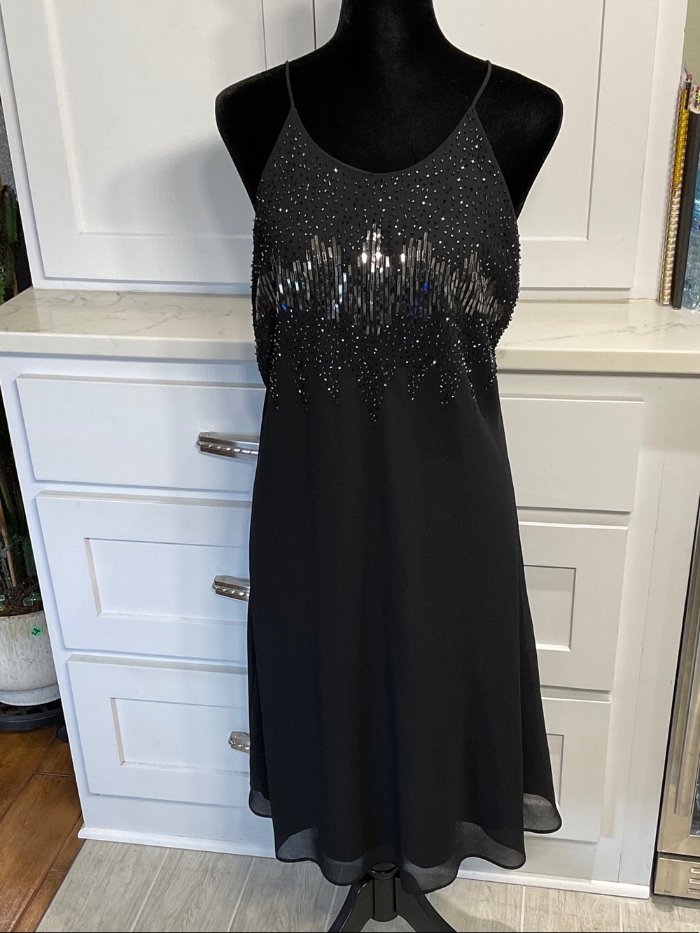Black Beaded Spaghetti-Strap Mini Dress